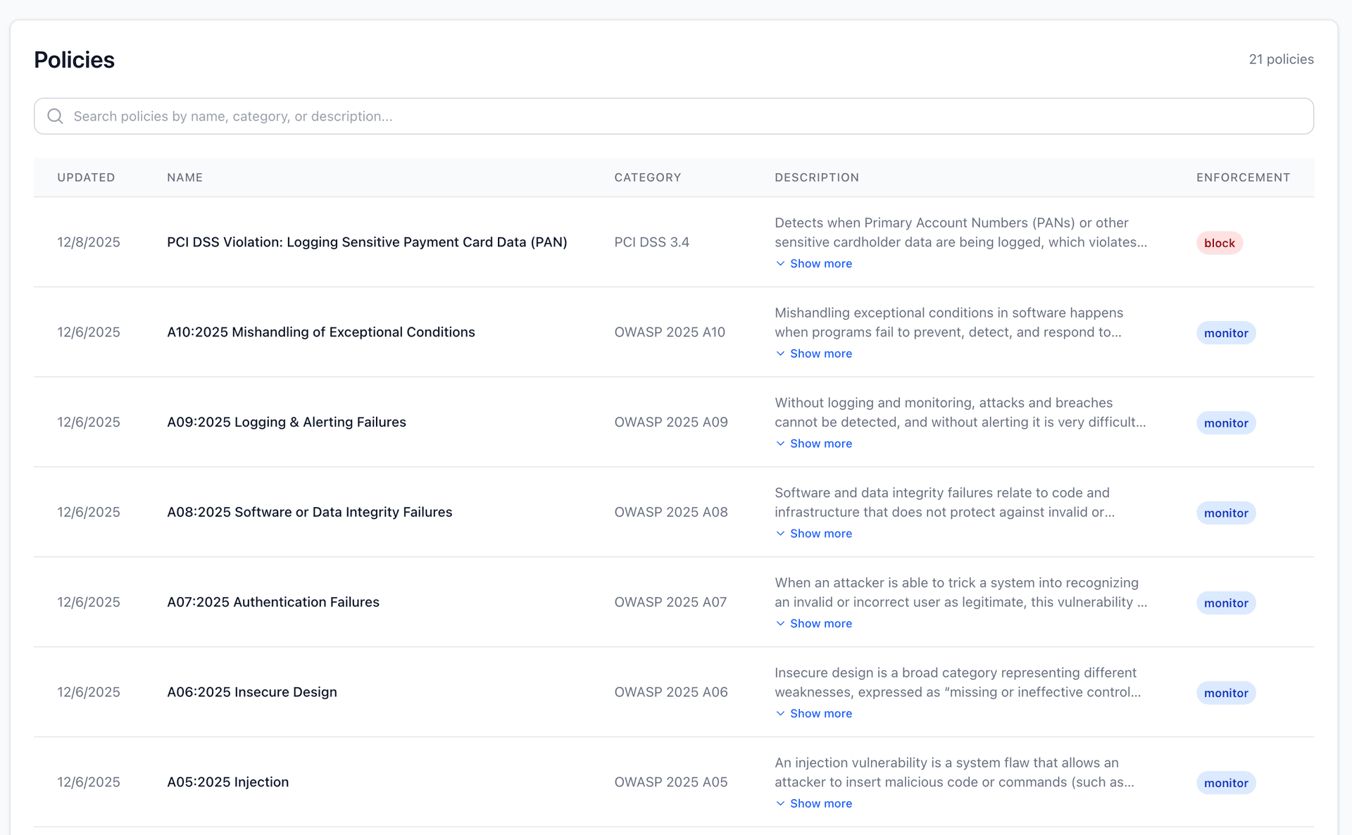 Policy enforcement demonstration showing code vulnerability detection